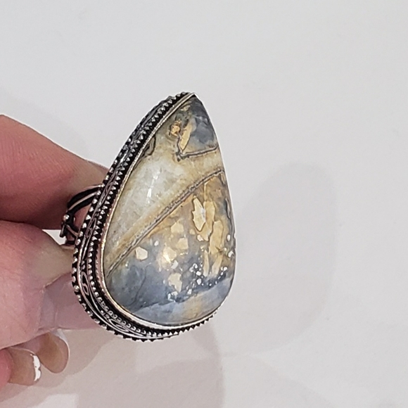 Stunning Handmade Natural Maligano Jasper Gem 925 Vintage Goth Antique Ring - Picture 2 of 14